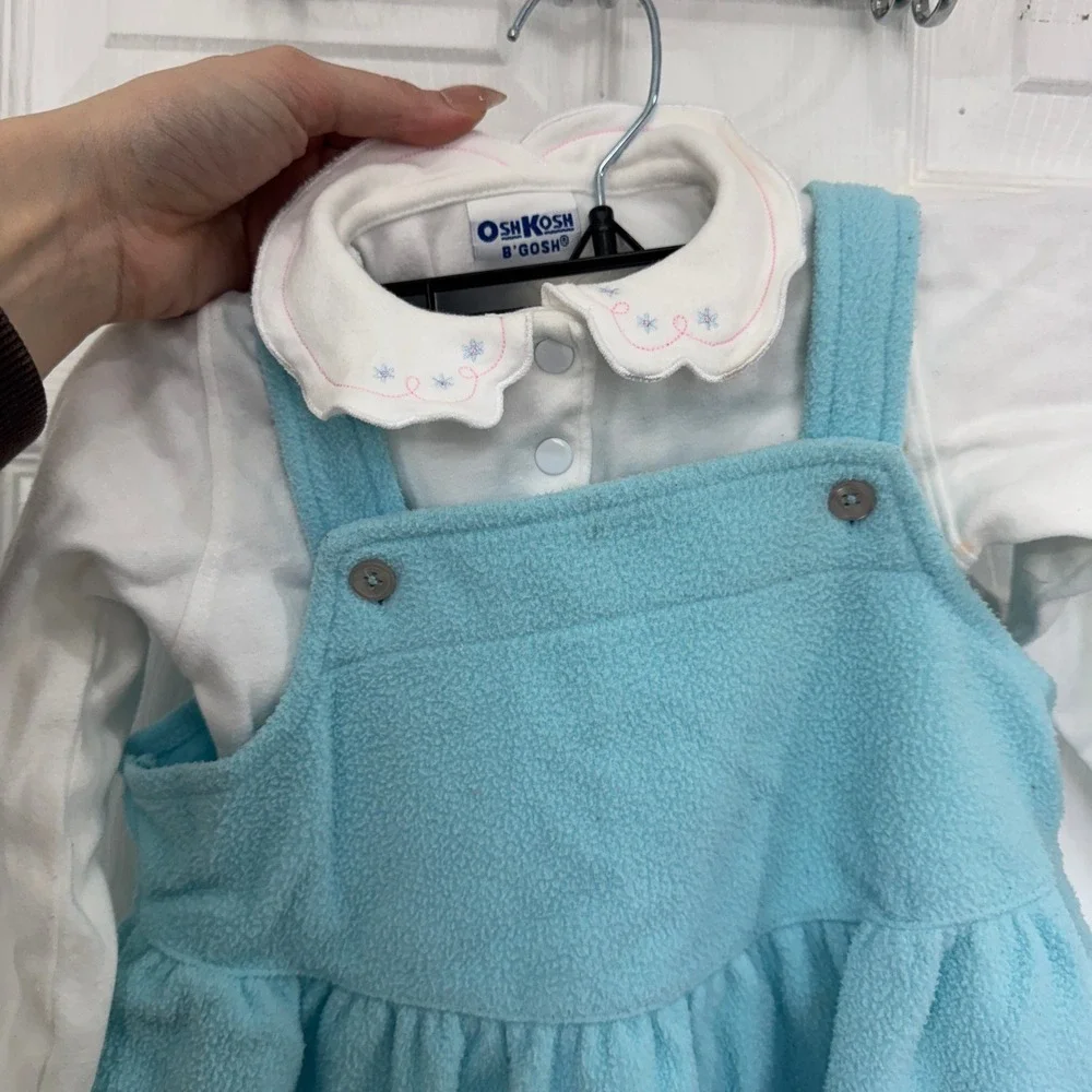 Vintage OshKosh B'Gosh Overall Dress Floral Baby Blue Ruffle Top Long Sleeve